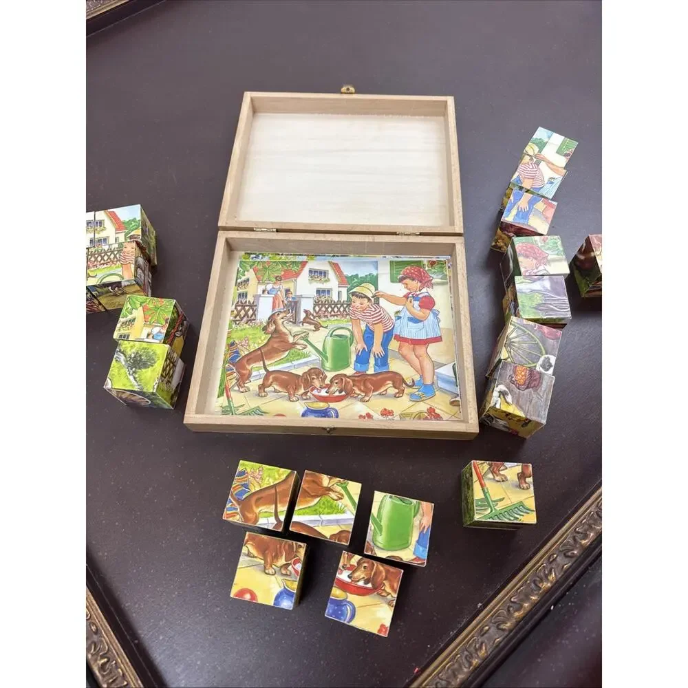 Vintage Bilderbaukasten Holzwurfel German Picture Cubes Wood Puzzle Blocks